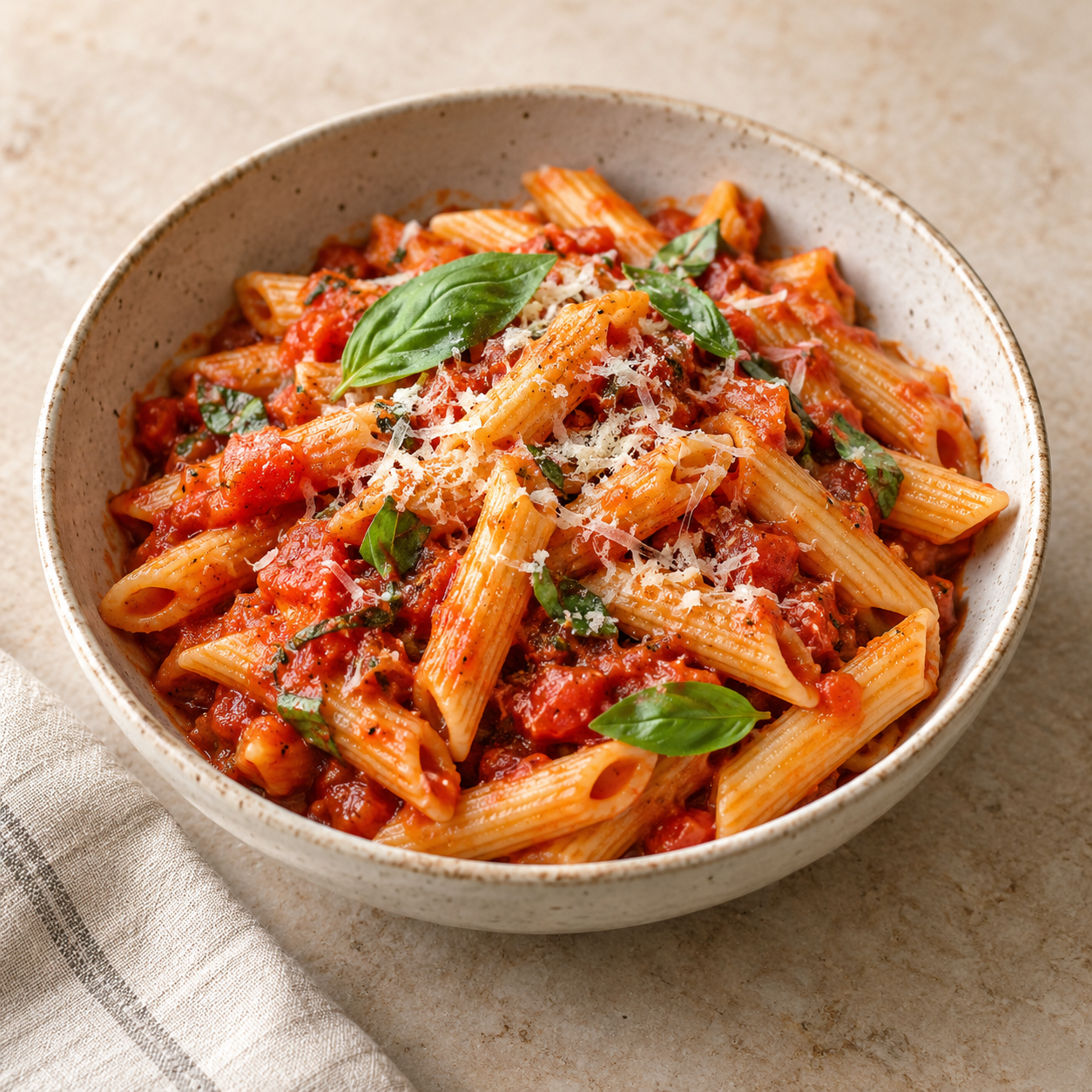 Penne pasta with tomato sauce, grated cheese, and basil.